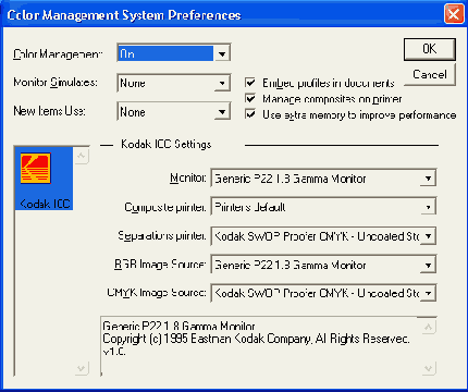 Профили устройств в диалоговом окне Color Management System Preferences